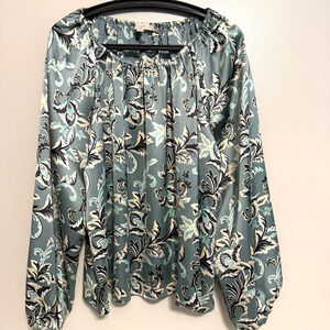 NWOT Loft Womens Large Green Long Sleeve Blouse Top Shimmer Floral Dainty Office
